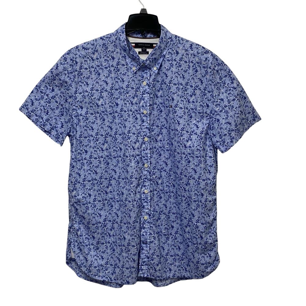 Tommy Hilfiger Button Down Short Sleeve Shirt Men XXL Blue White Floral Cotton